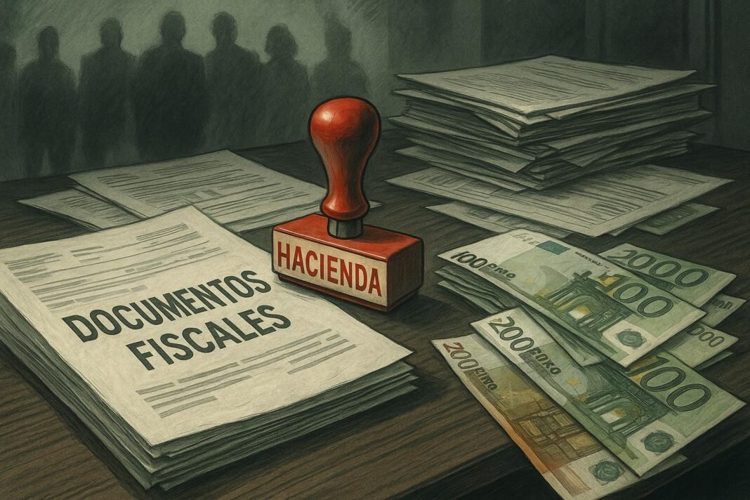 Documentos fiscales, sello Hacienda y billetes en mesa.