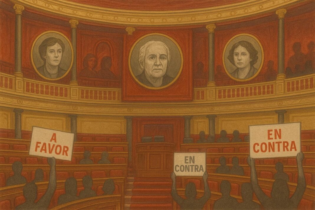 Votación parlamentaria, carteles a favor y en contra.