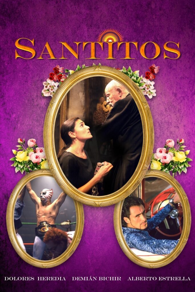 Cartel de la película Santitos, personajes en marcos dorados.